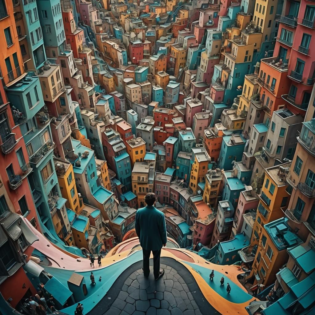 Surreal Cityscape with Distorted Buildings in Dreamlike Styl...