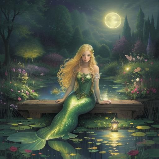 Moonlit Mermaid in Rose Garden, Fantasy Art