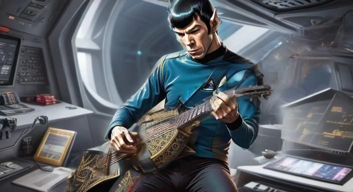 Spock playing a (Vulcan lute:1.5) onboard the USS Enterprise...