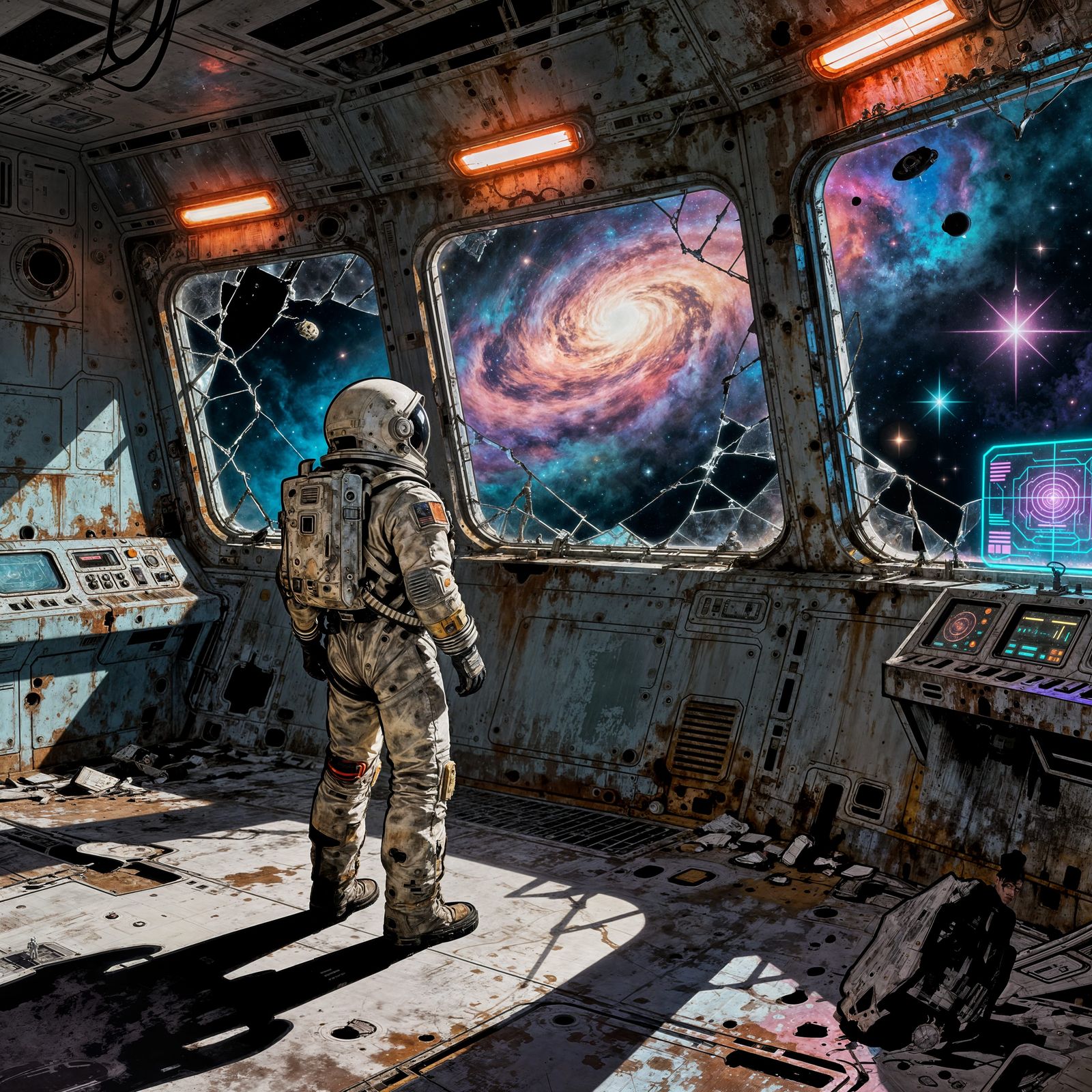 Astronaut Gazes at Nebula from Derelict Starship