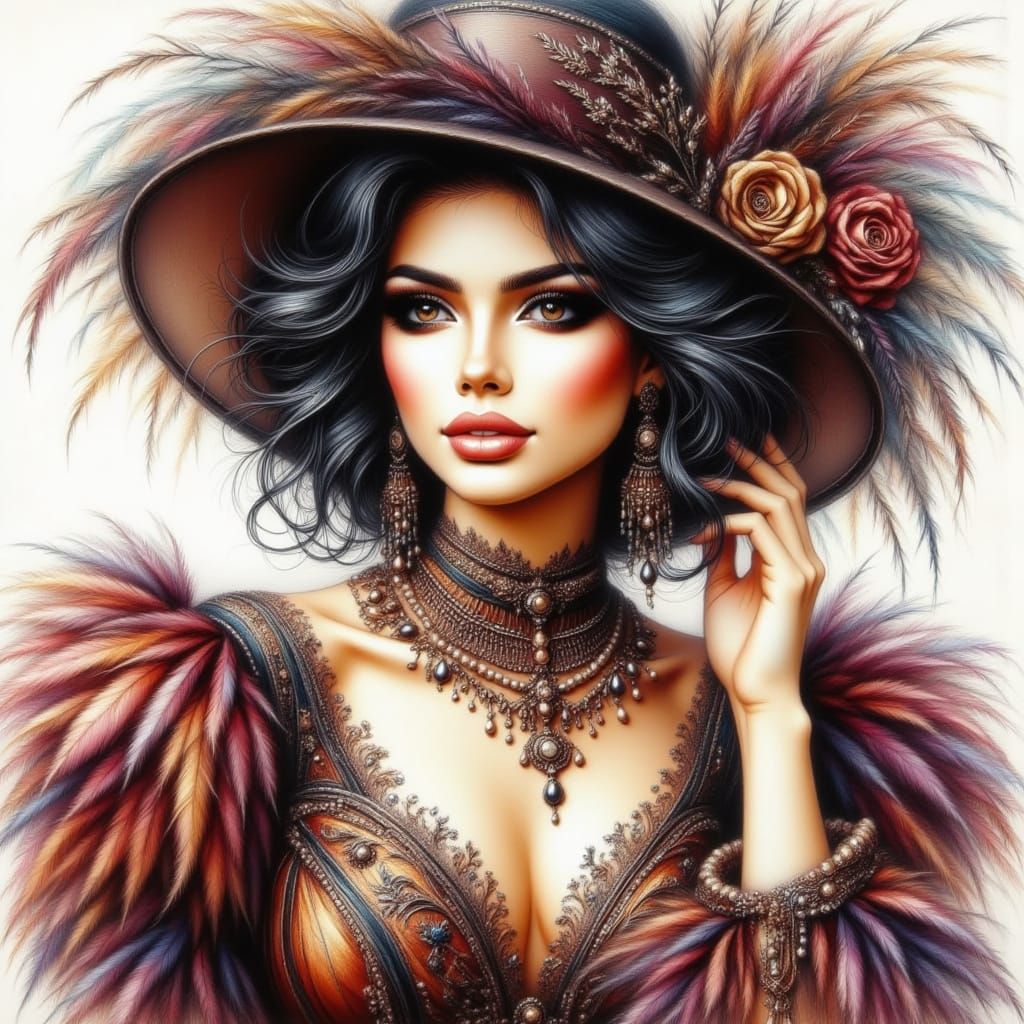 Curvy Woman in Luxurious Outfit as Watercolor Gouache