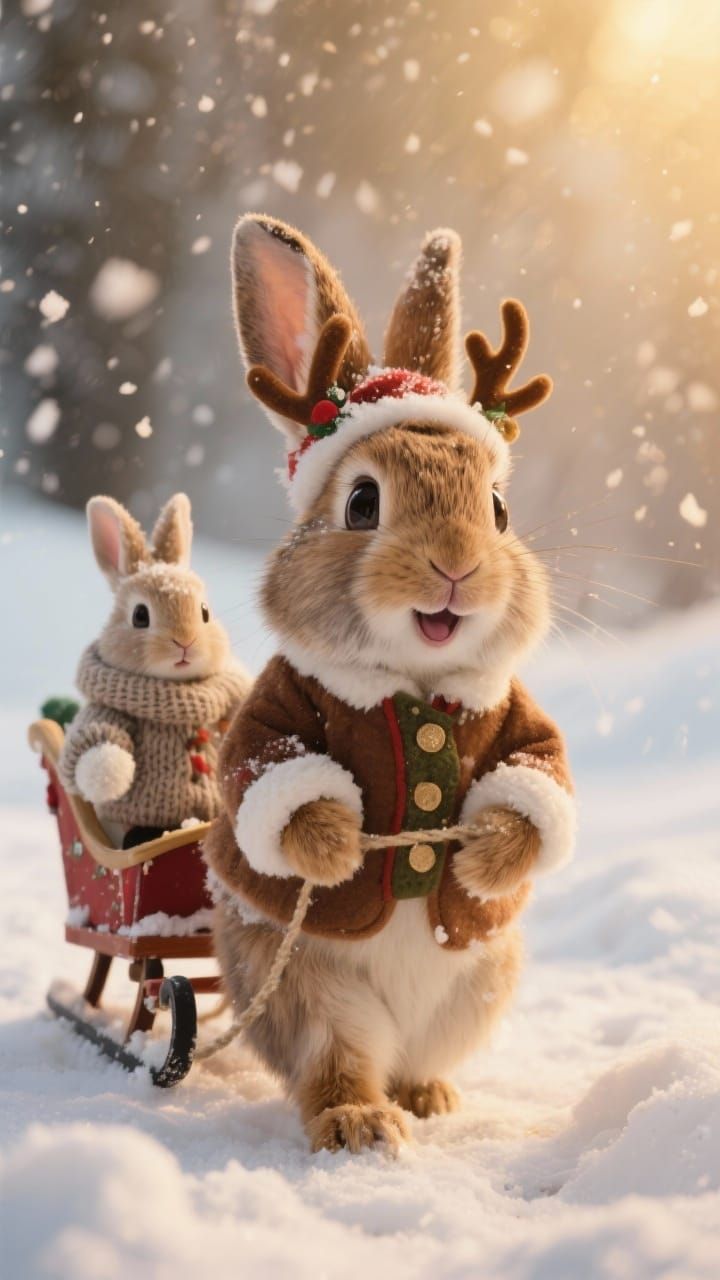 Adorable Bunny in Reindeer Outfit Pulls Sleigh with Tiny Pas...