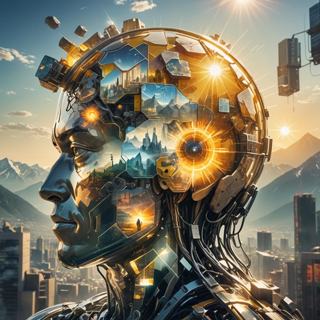 Glass Head with Cyberpunk Landscapes and Multiple Exposures