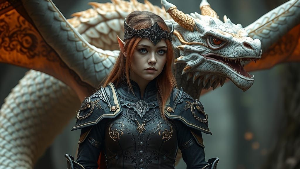 Elf Warrior Princess with Dragon in Ultra Realistic Scene