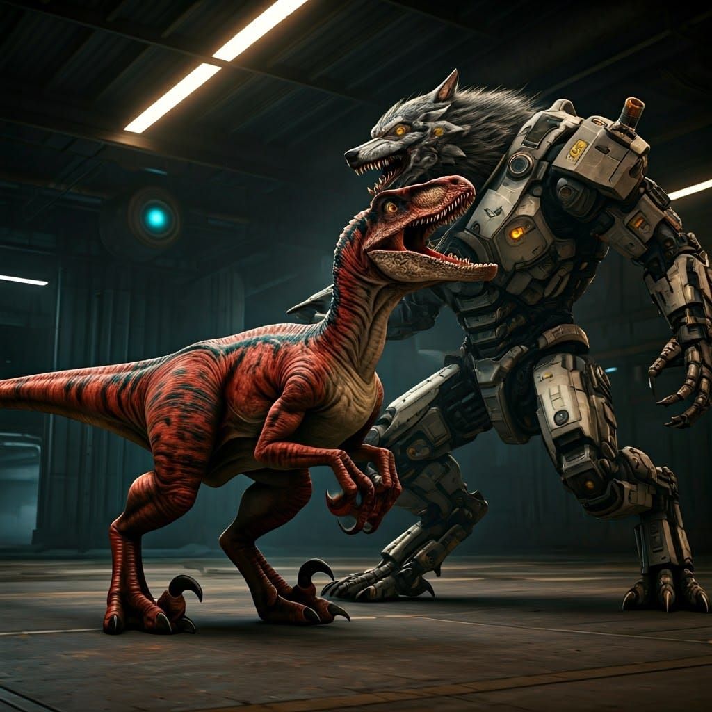 Epic Battle: Red Velociraptor vs. Cyberpunk Werewolf