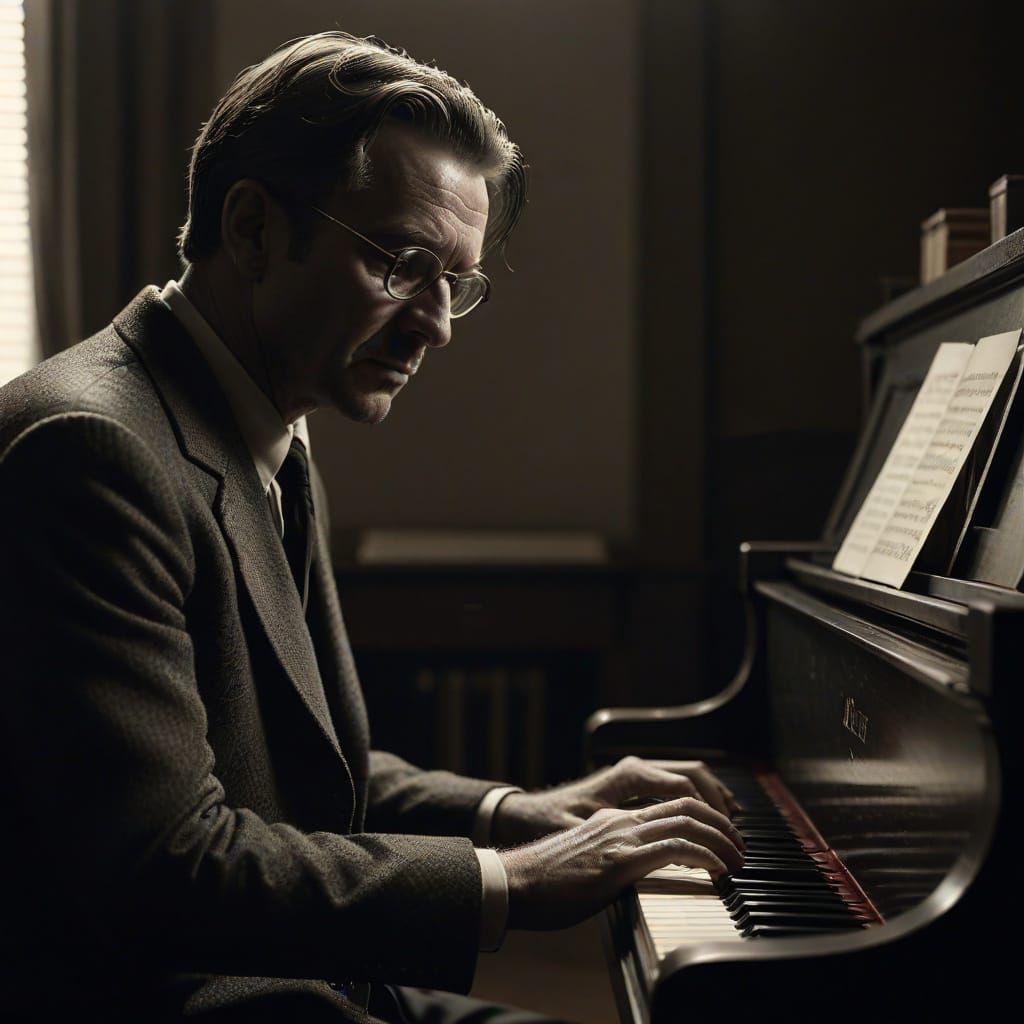 Melancholic Pianist in Film Noir Style