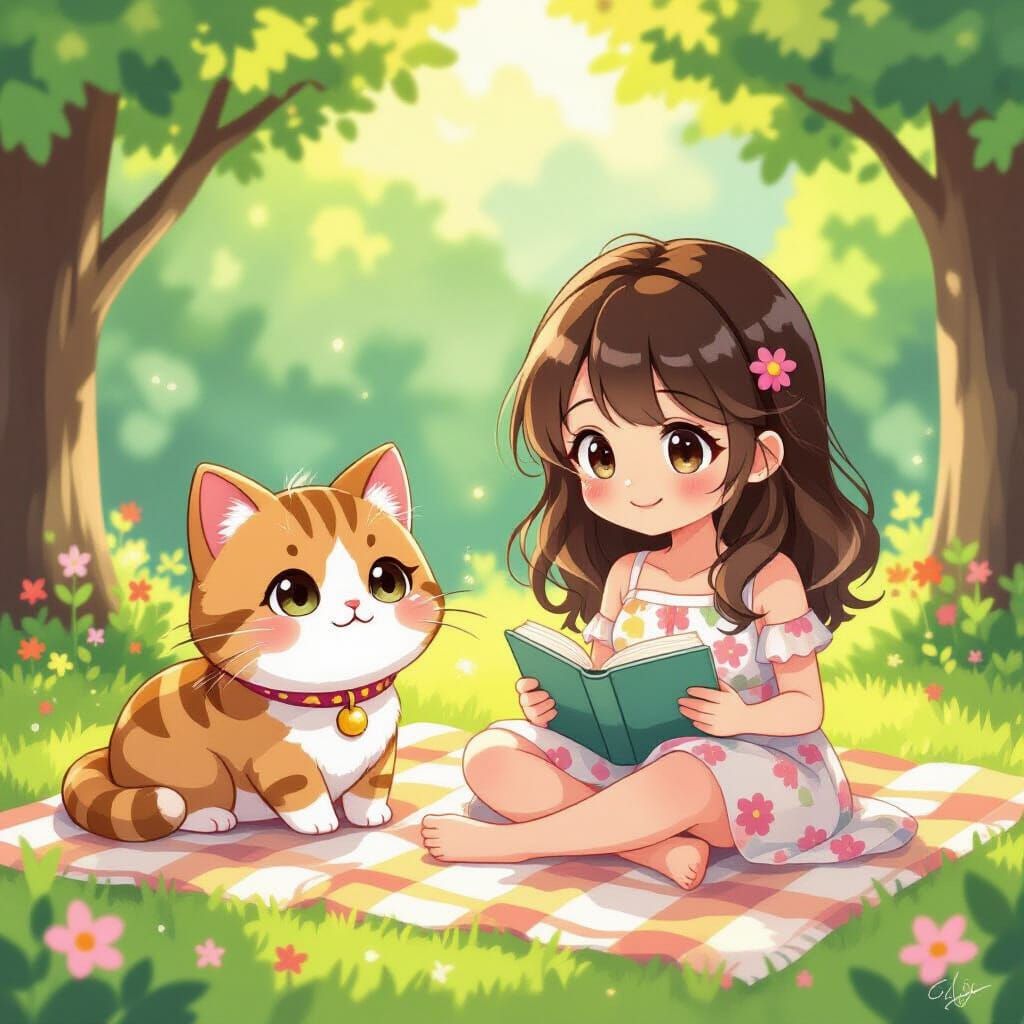 Whimsical Chibi Cat and Owner Relaxing in Sunlight