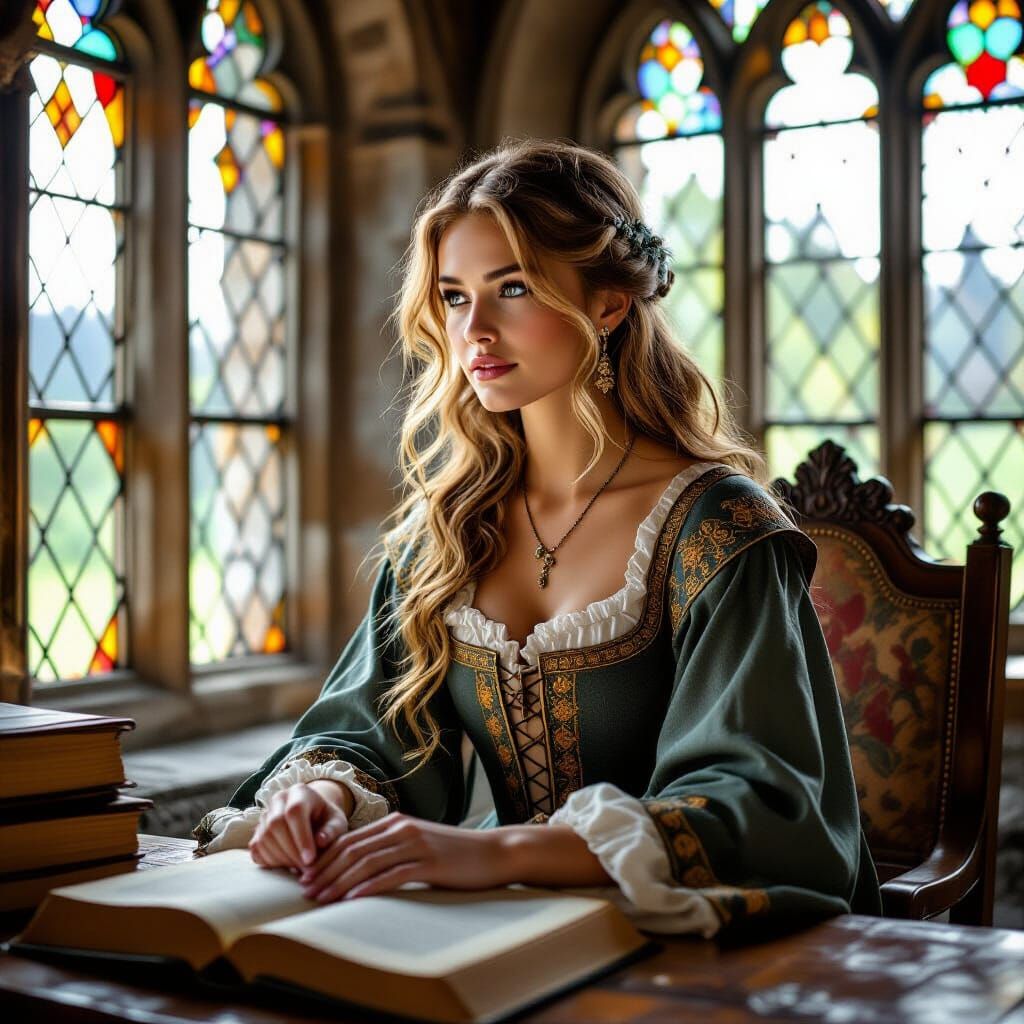 Medieval Woman in Library, Pre-Raphaelite Style