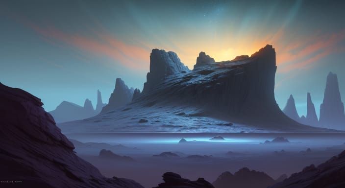 Desolate Alien Planet Concept Art with Nebulae Sky