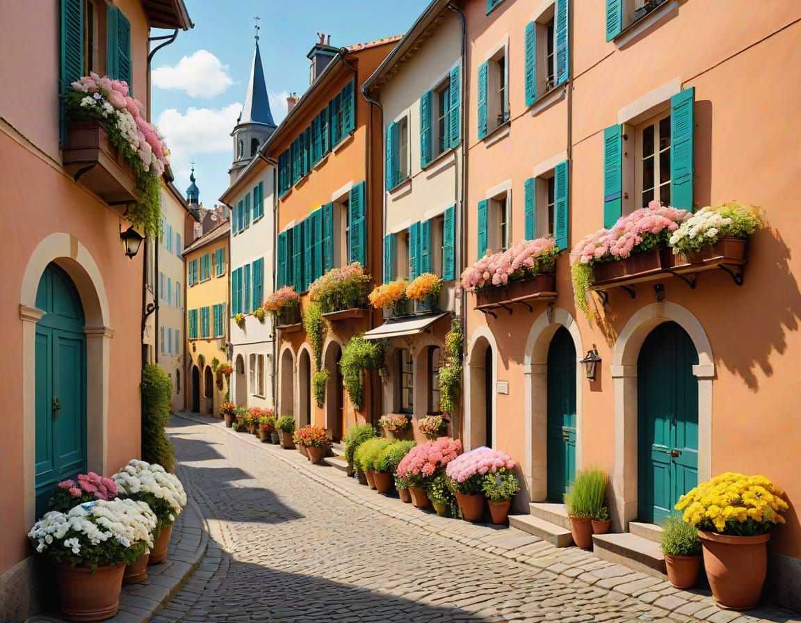 European Village Cobblestone Street in Impressionistic Style