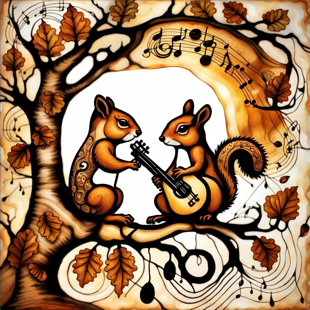 Squirrels Play Music in Ornate Klimt-Inspired Style