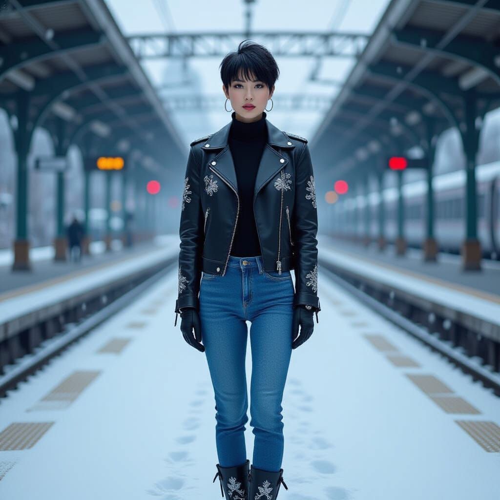 Woman on Train Platform with Embroidered Jacket