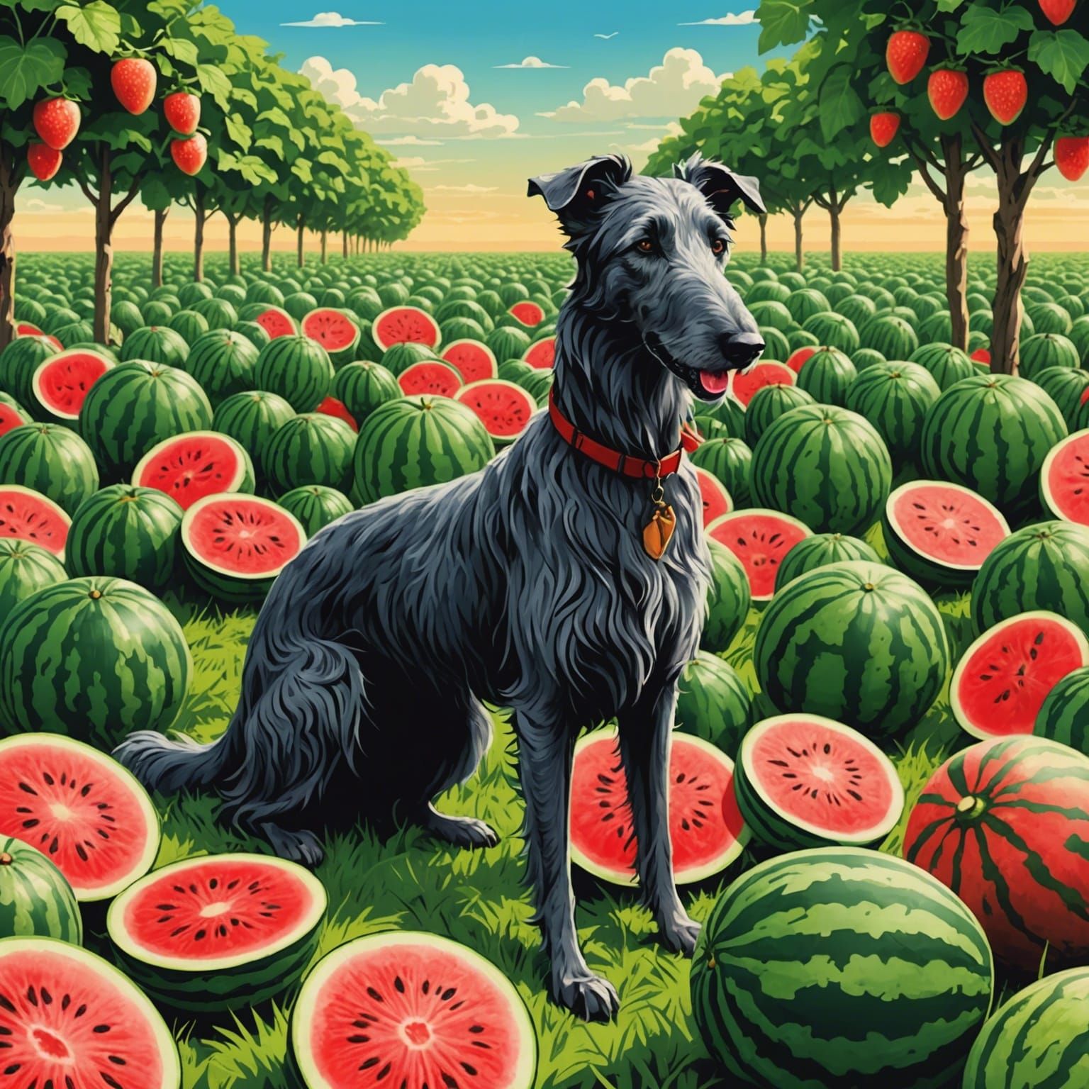 Deerhound in Watermelon Field: Cel-Shaded Anime Art