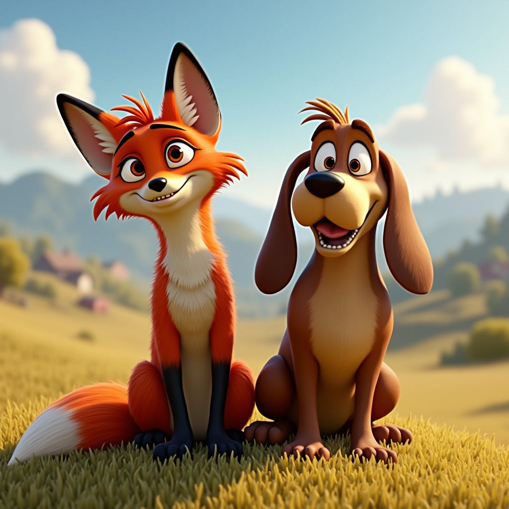 Fox and Hound in Animated 3D Style