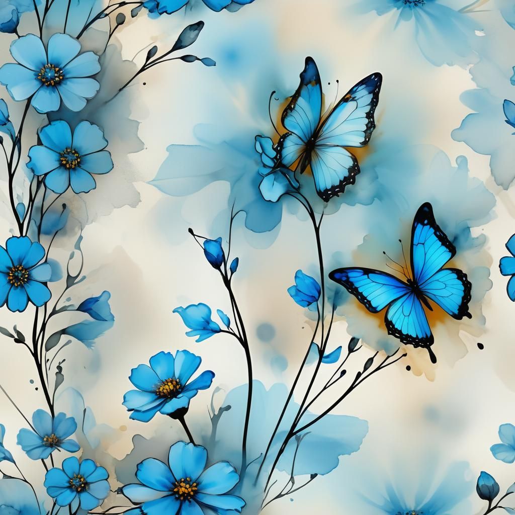Alcohol Ink Butterfly with Blue Flower