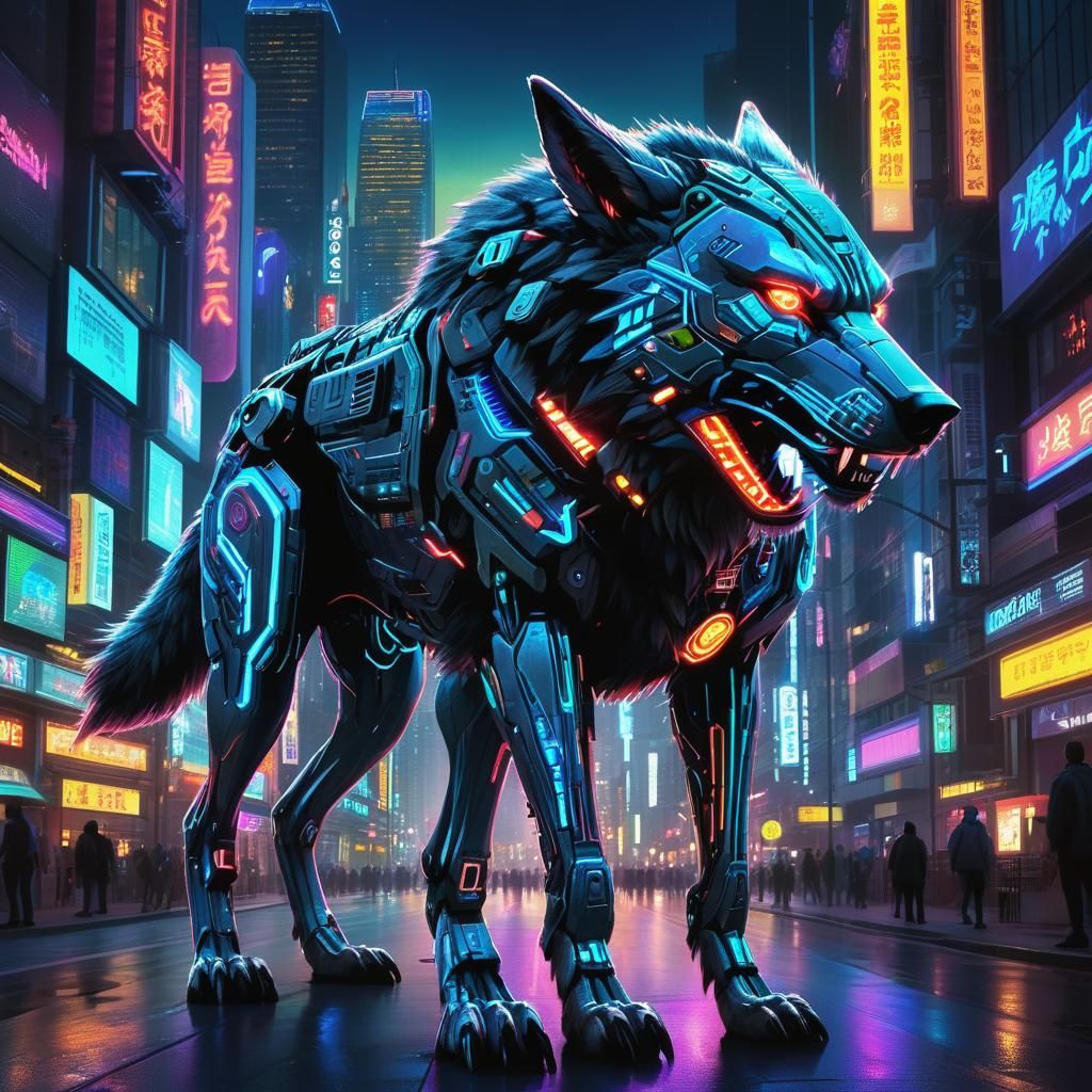 Cybernetic Wolf in Neon Cityscape