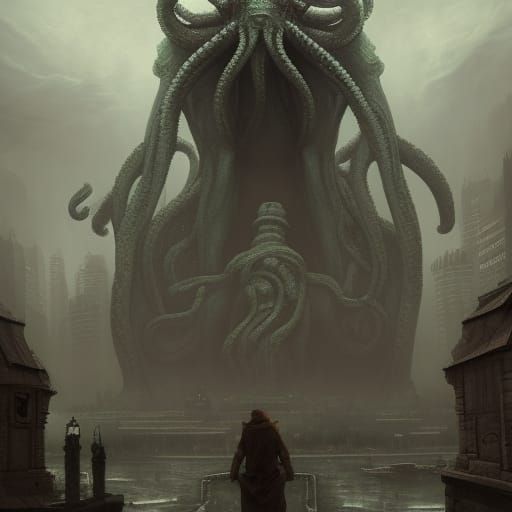 Cthulhu Statue in Eldritch City: Dark Fantasy Art