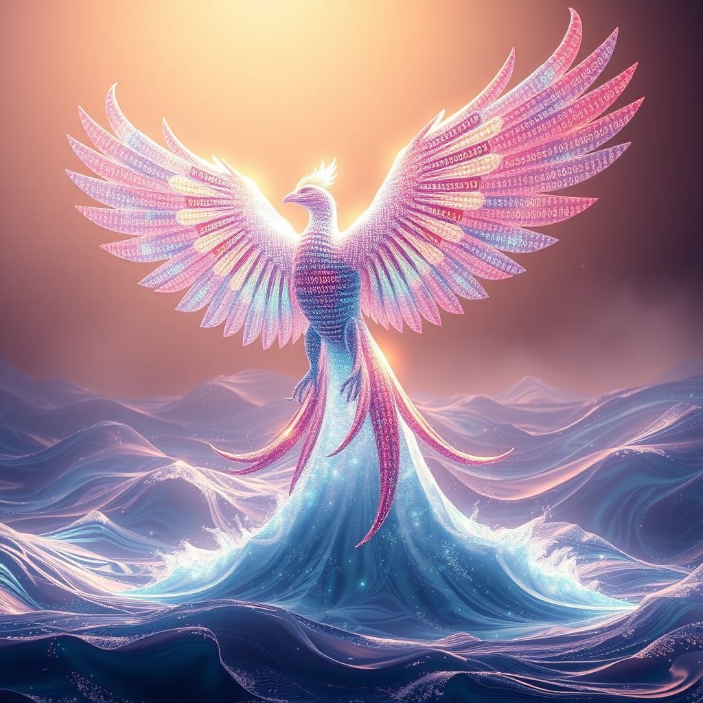 Ethereal Holographic Phoenix Rises from Data Ocean in Cyberp...