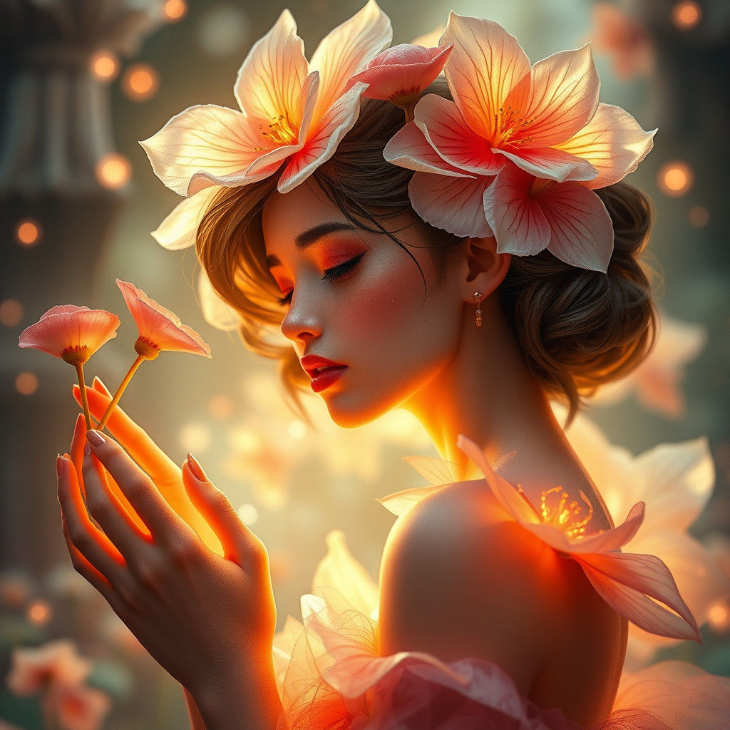 Ethereal Flower Girl Portrait in Art Nouveau Style