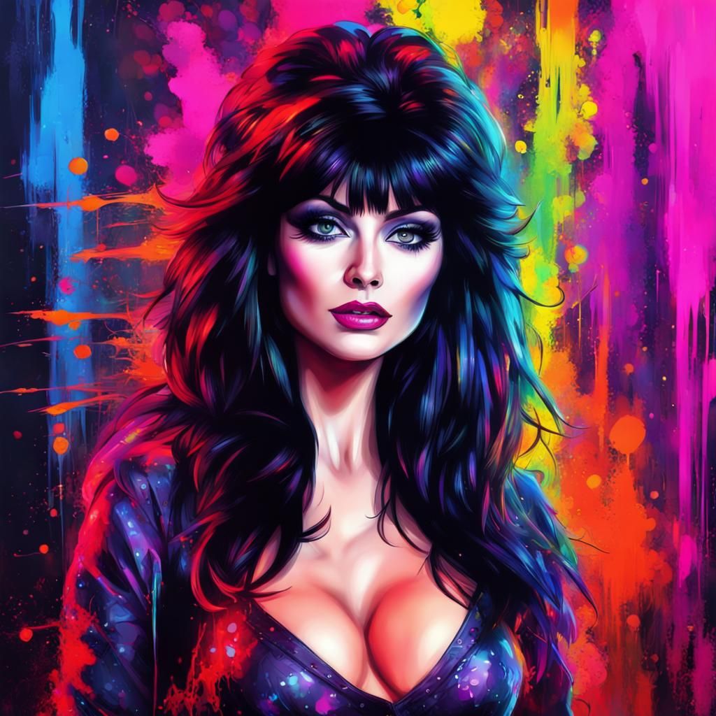 Elvira, Princess of Darkness in Neon Ink Style