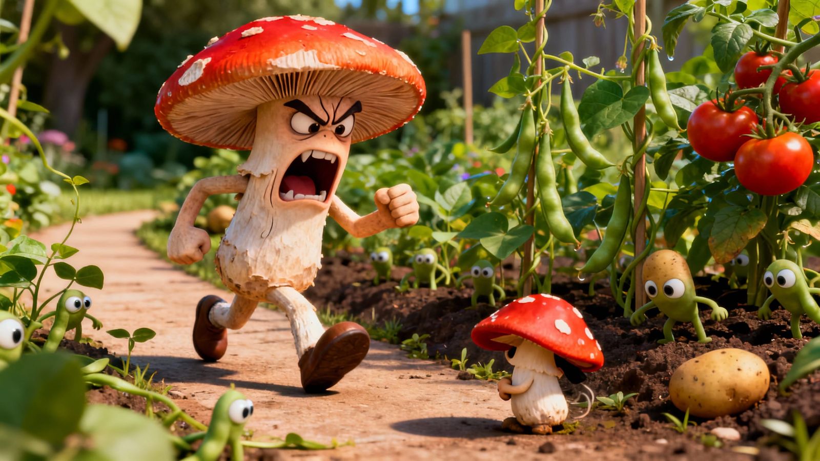 Angry Mushroom Confronts Toadstool in Garden