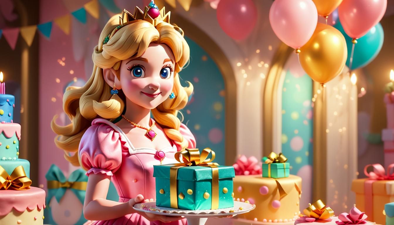 Princess Peach Portrait with Birthday Cake in Pastel Colors