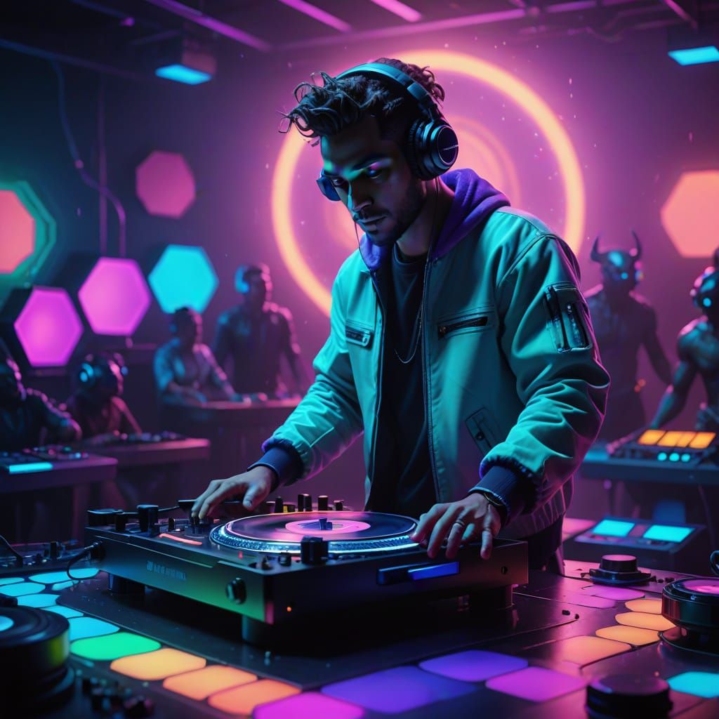 Vibrant DJ Amidst Whirling Plush Animals in Hyperrealistic C...
