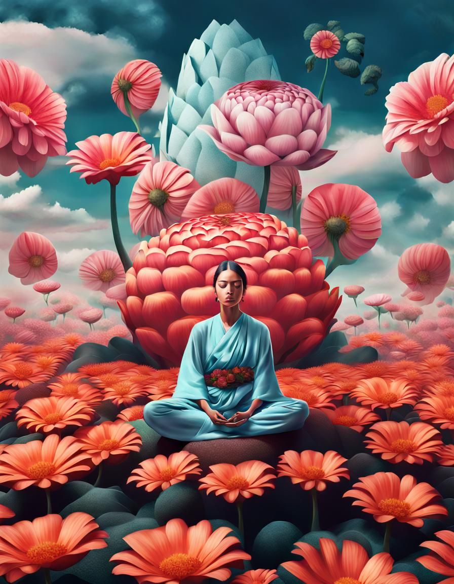 Meditating Woman on Giant Flower in Surreal Style