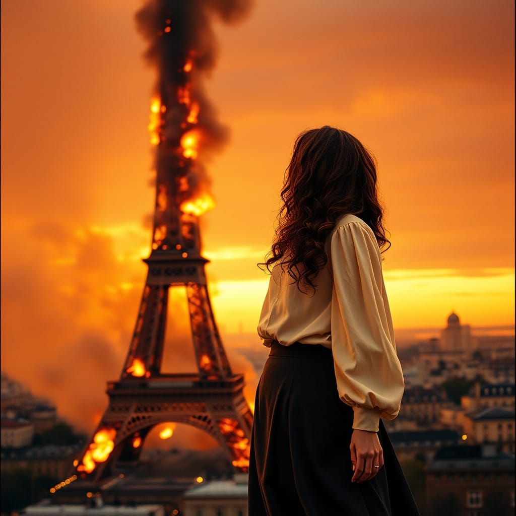Woman Watches Eiffel Tower Burning in Paris's Fiery Sunset