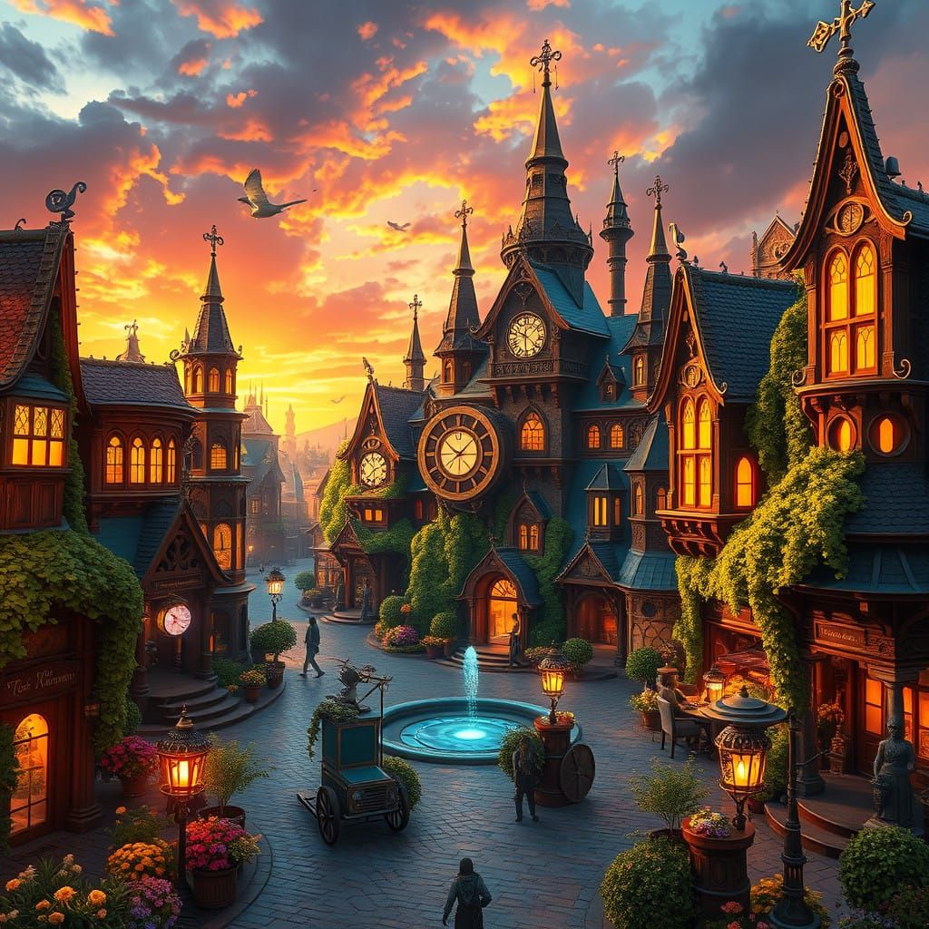 Whimsical Steampunk Town Square in a Futuristic Realm