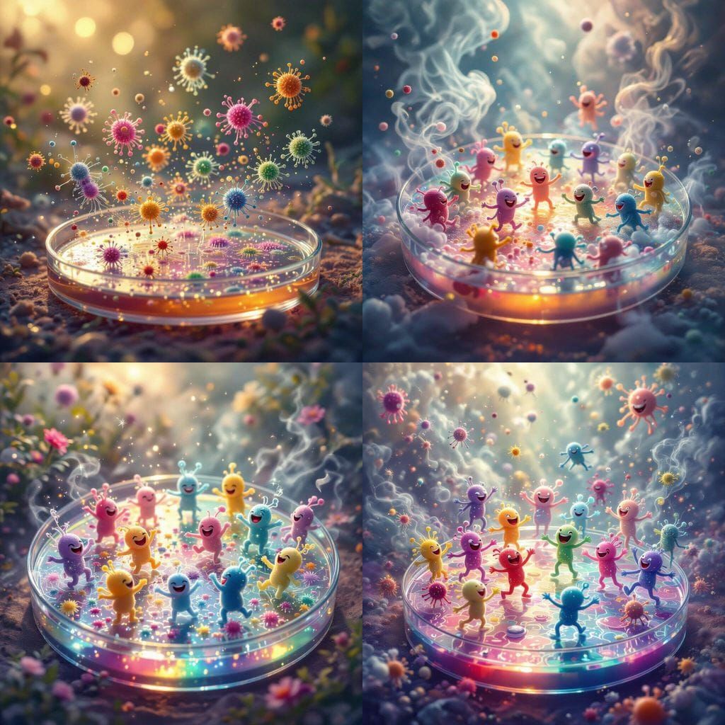 Colorful Microbes Joyfully Leaping in a Square Petri Dish