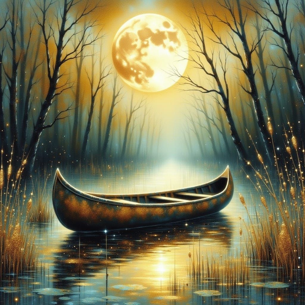 Abandoned Canoe in Swamp with Gold Glitter Accents