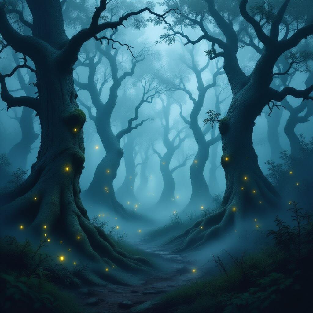 Mystical Foggy Forest with Ethereal Lights
