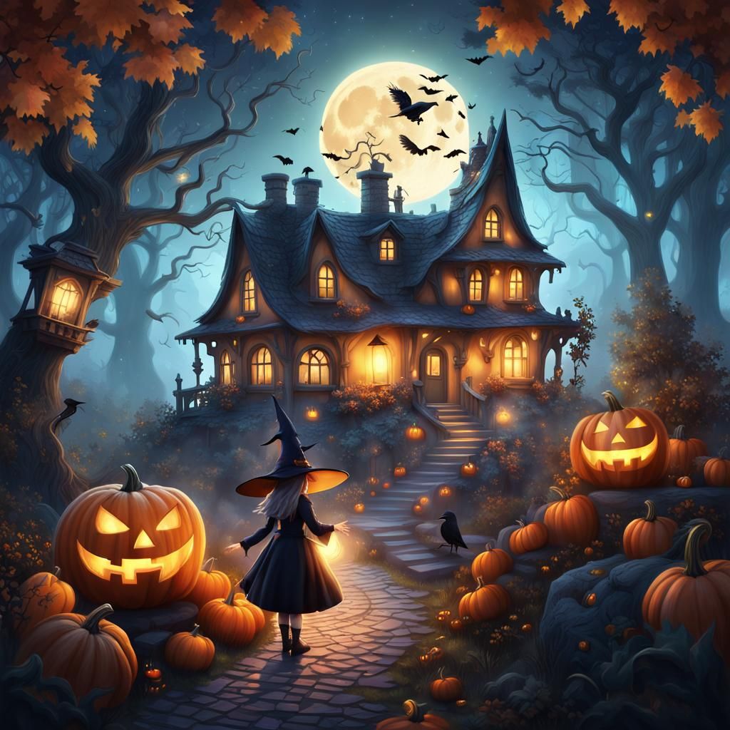 Girl in Witch Hat with Fairy-Tale Portal