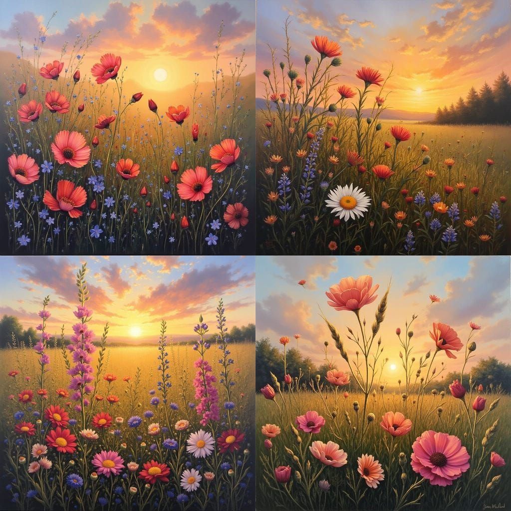 Vibrant Wildflowers Illuminated by Warm Sunset Light