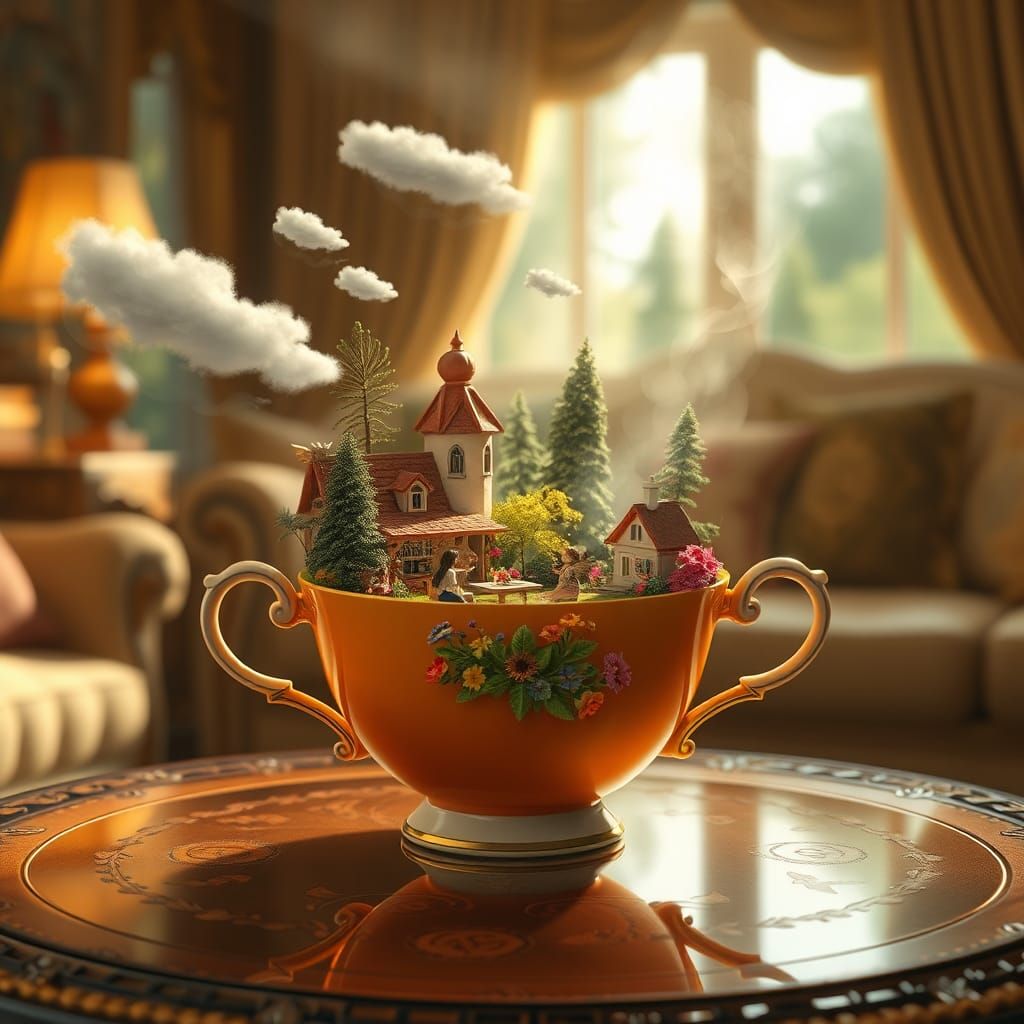 Fairy Village Thrives in Teacup, Dreamlike Illustration