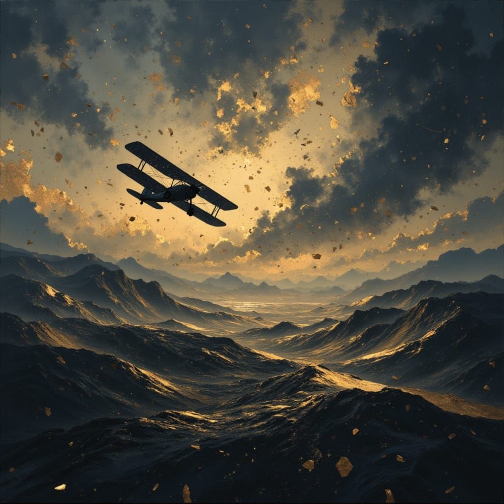 Biplane Soars Through Stormy Twilight Sky Above Financial La...