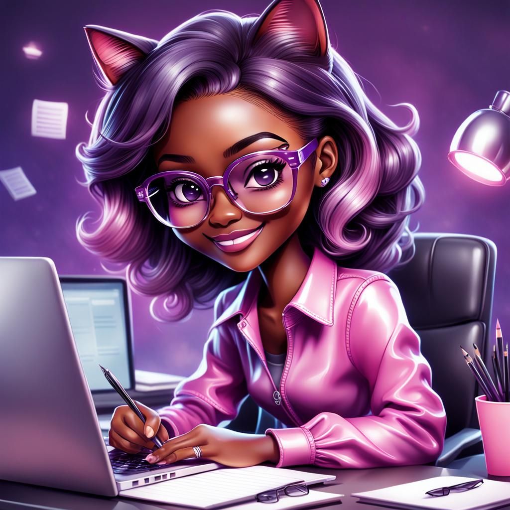 Chibi Girl at Desk in Cyberpunk Airbrush Illustration