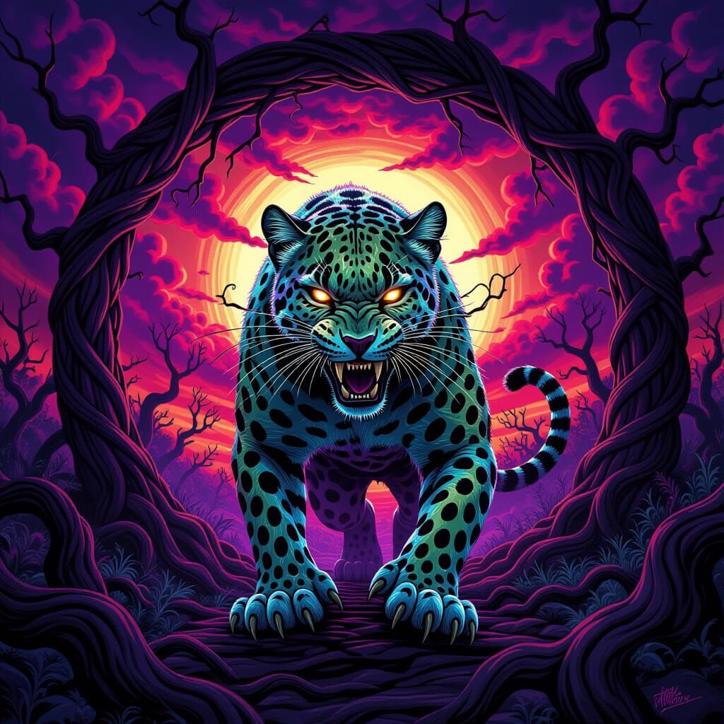 Zombie Leopard Emerges in Psychedelic Fantasy Landscape