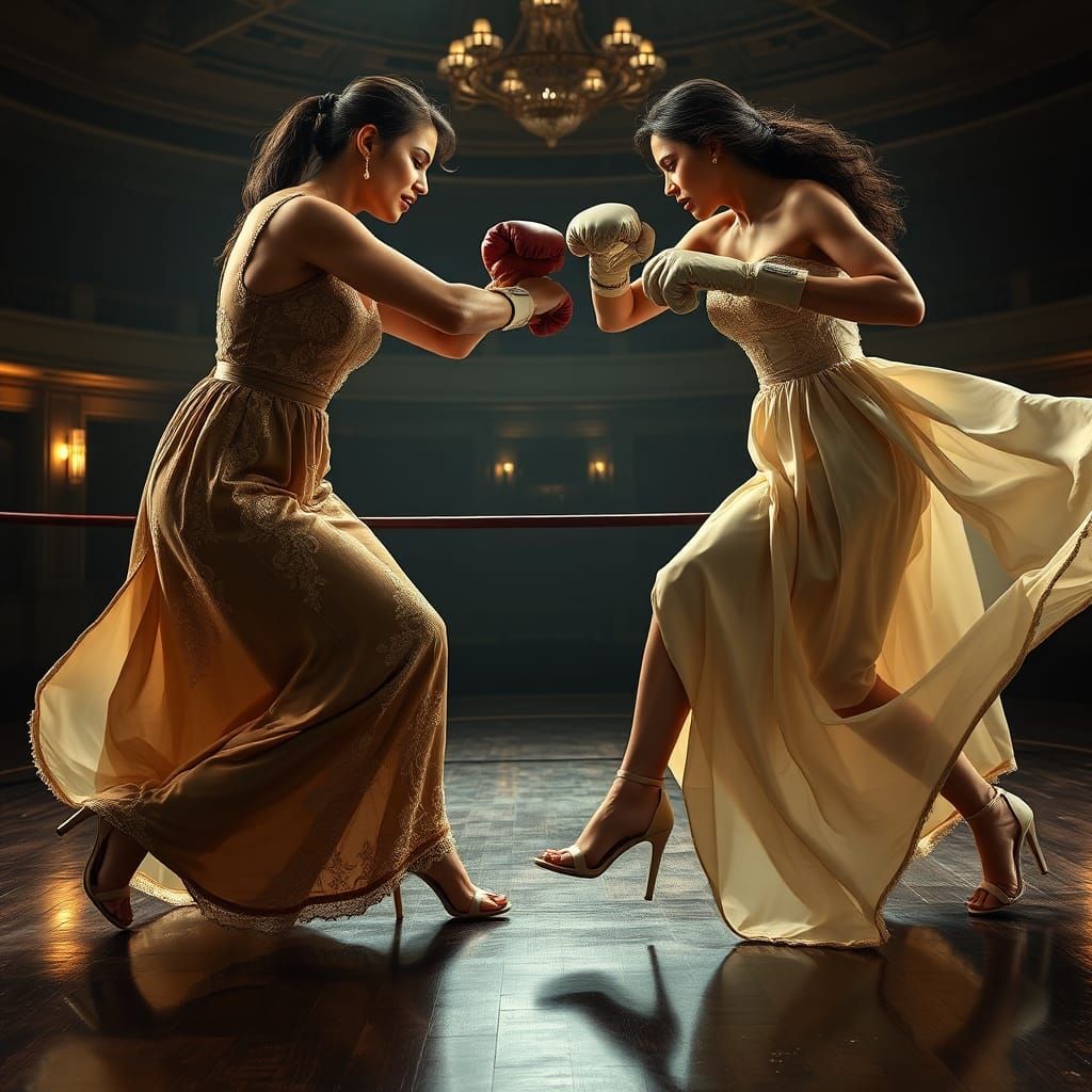 Boxing Women in Gowns: Hyper-Realistic Arena Fight