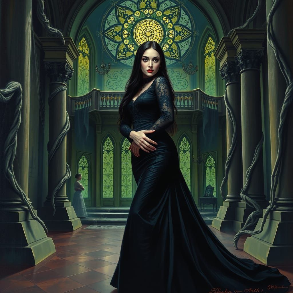Morticia Addams in Gothic Mansion, Impasto Painting