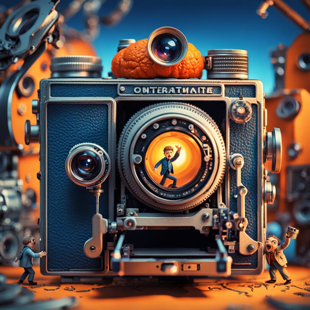 Man Trapped in Vintage Camera, Dramatic Illustration