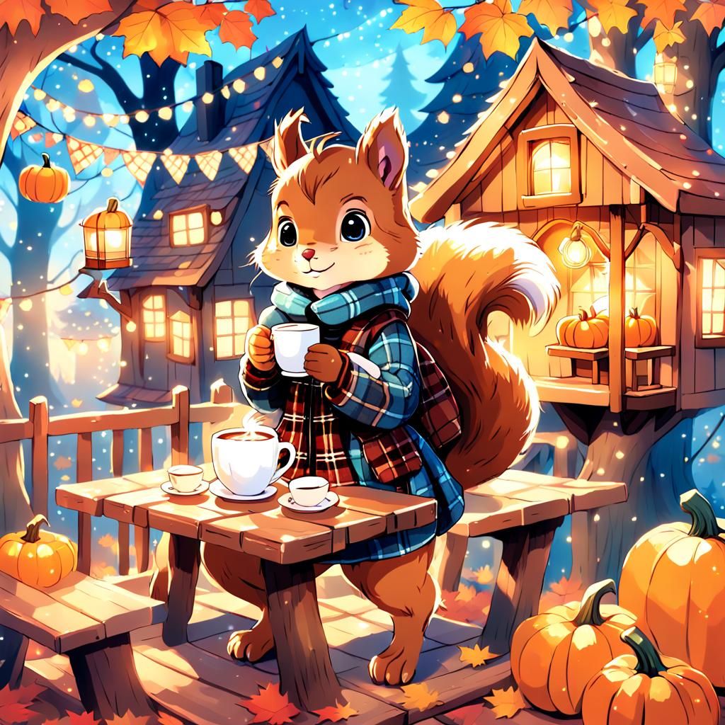 Cozy Autumn Squirrel Enjoying Hot Chocolate: Anime Style