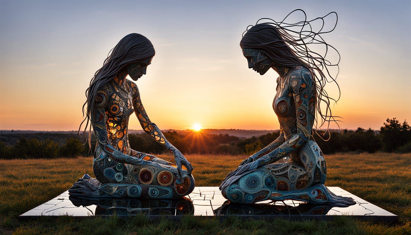 Surreal Fragmented Sculpture of Woman at Sunset