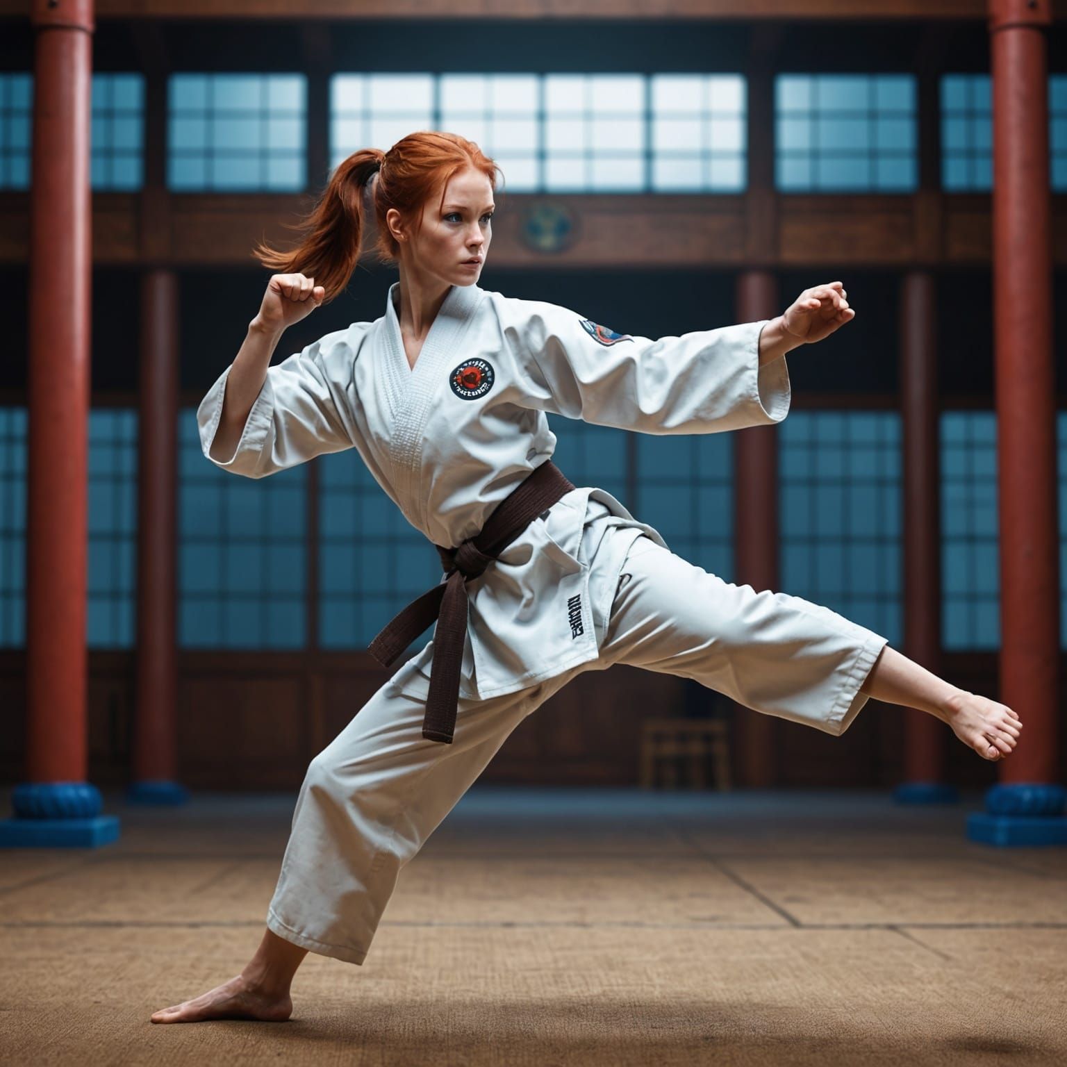 Female Karate Student Practicing Roundhouse Kick