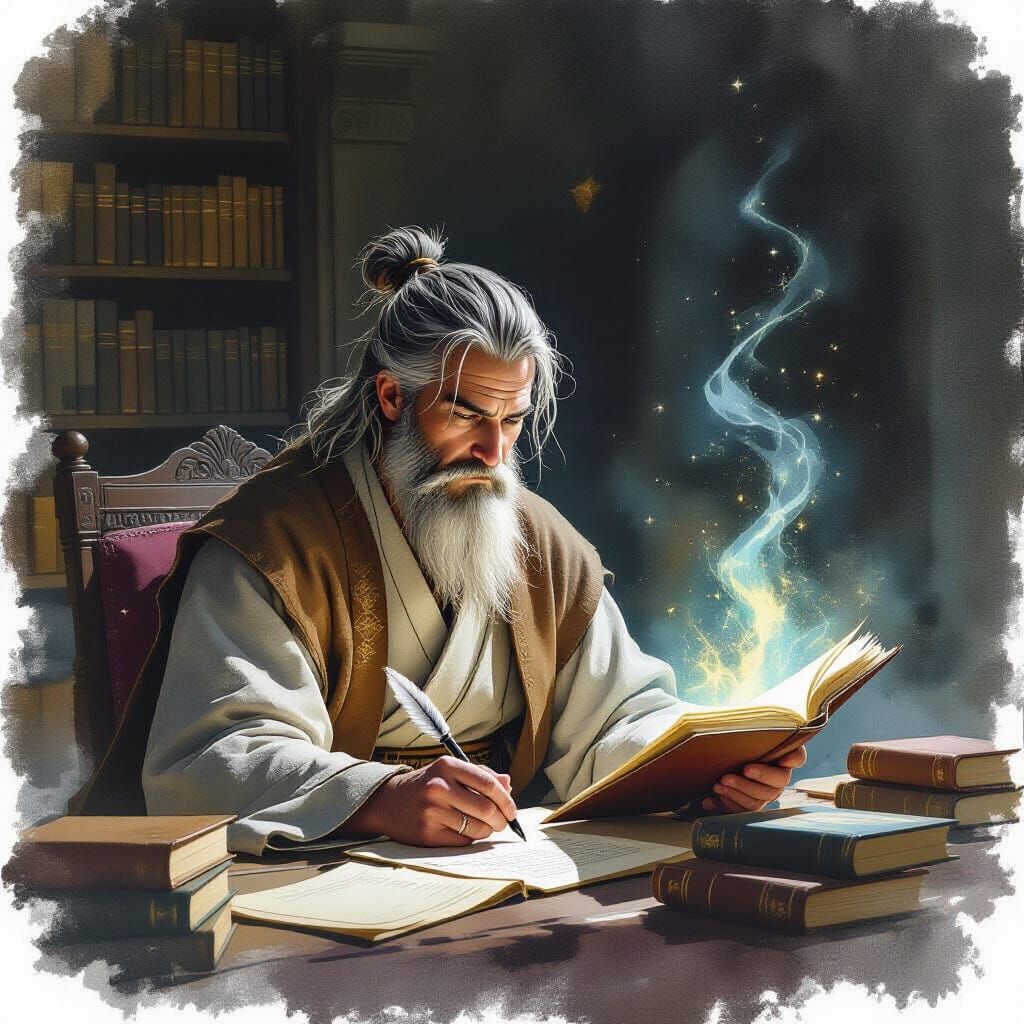 Introspective Scholar in Dimly Lit Chamber