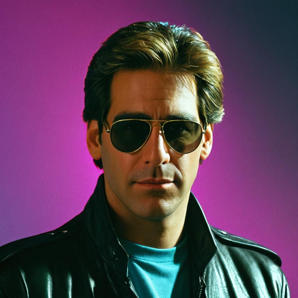 Charismatic 80s Protagonist in Neon-Lit Portrait