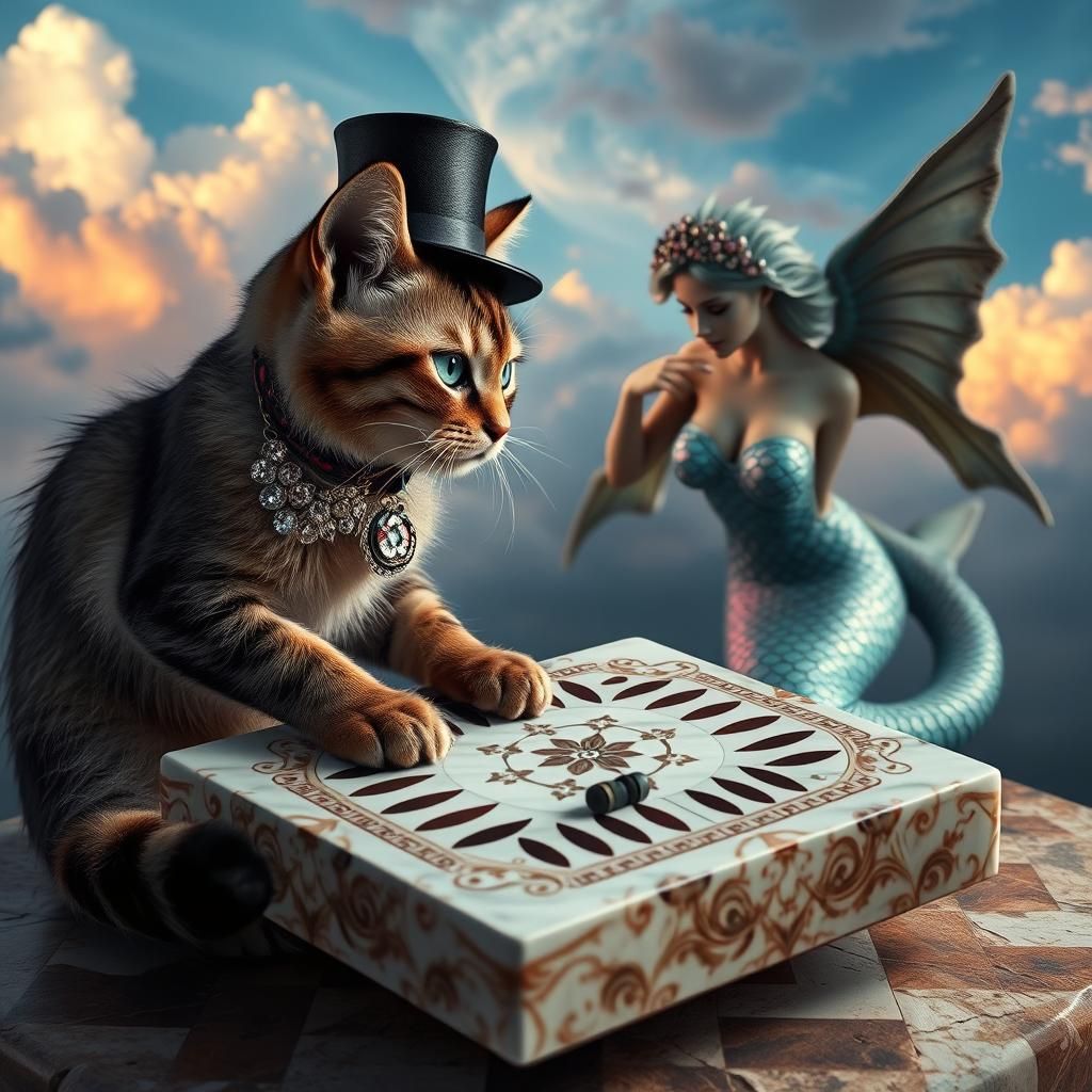Cat and Mermaid Play Backgammon in the Sky