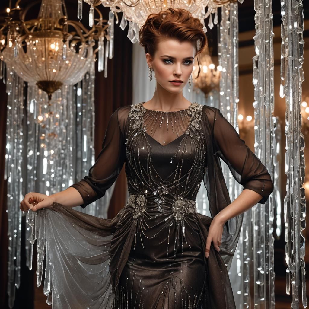 Elegant Woman in Ballroom with Icicle Dress