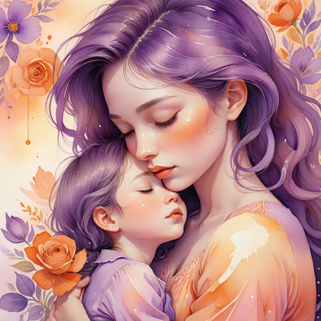 Tender Mother and Child Portrait in Dreamy Watercolor Style
